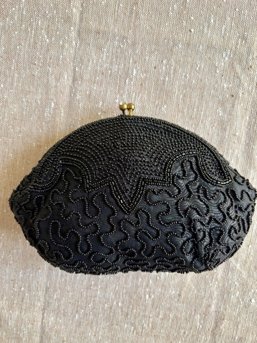 Vintage 50s Black Beaded Satin Clutch Hand Made in Belgium Kiss Lock Evening Bag